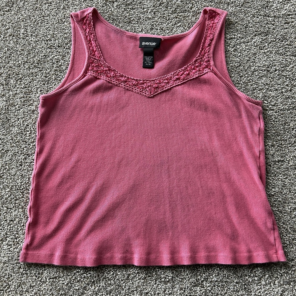 Avenue Tank Top Womens 14 16 Pink Solid Crochet Scoop Neck Cotton Cami Casual